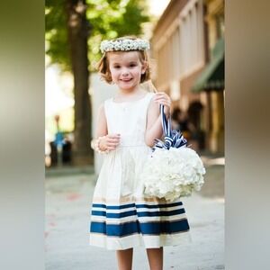 Janie & Jack Stripes Flower Girl Dress White-Navy Size 4